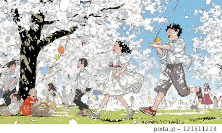 満開の桜の木の下で遊ぶ子供たち