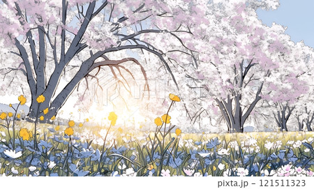 誰もいない満開の桜並木