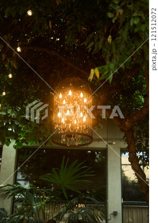 An Elegant and Beautiful Chandelier is Gracefully Surrounded by Lush Greenery and Foliage An Elegant and Beautiful Chandelier is Gracefully Surrounded by Lush Greenery and Foliage 121512072