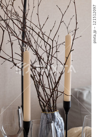 Discover the charm of Elegant Table Decor with lovely arranged Candles and Natural Branches Discover the charm of Elegant Table Decor with lovely arranged Candles and Natural Branches 121512097