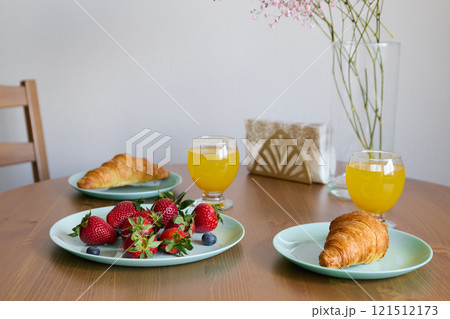 A beautifully arranged breakfast table with croissants, berries, and fresh orange juice 121512173