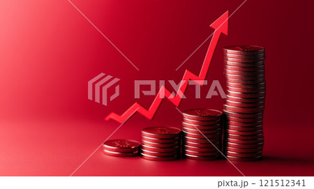 Increasing stacks of coins with a red upward arrow symbolizing growth, profit, and investment on a red background create a powerful visual representation of financial success 121512341