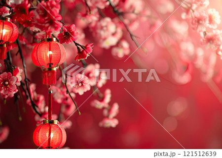 Beautiful holiday composition for happy celebrate chinese festival of lanterns, abstract vivid composition consists of fictional unreal fantastic vision on background 121512639