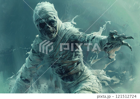 Scary sinister mummy wandering in street with dramatic lighting on Halloween, abstract vivid composition consists of fictional unreal fantastic vision on background 121512724