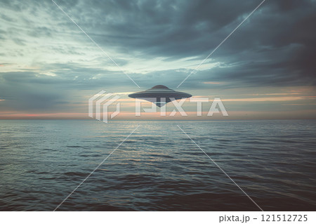 Iron oval UFO saucer hovering over beautiful landscape in deep dramatic sky, abstract vivid composition consists of fictional unreal fantastic vision on background 121512725
