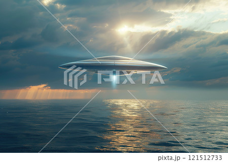 Iron oval UFO saucer hovering over beautiful landscape in deep dramatic sky, abstract vivid composition consists of fictional unreal fantastic vision on background 121512733