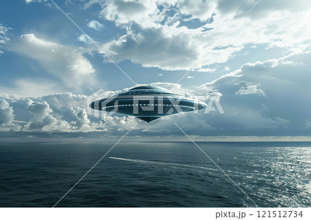 Iron oval UFO saucer hovering over beautiful landscape in deep dramatic sky, abstract vivid composition consists of fictional unreal fantastic vision on background 121512734
