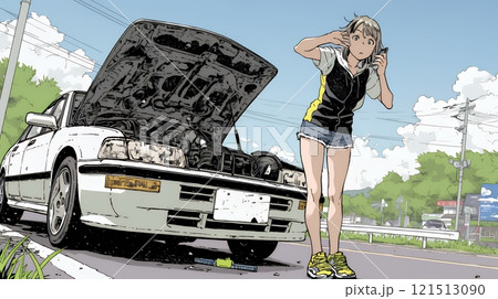 ドライブ中の車の故障・事故・トラブルで困っている女性