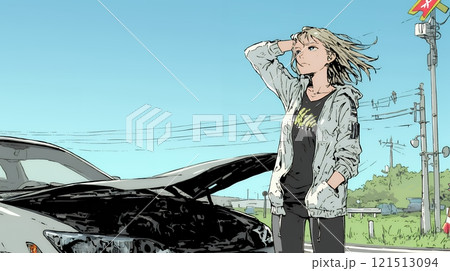 ドライブ中の車の故障・事故・トラブルで困っている女性