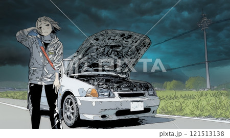 ドライブ中の車の故障・事故・トラブルで困っている女性（悪天候編）