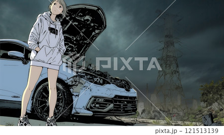 ドライブ中の車の故障・事故・トラブルで困っている女性（悪天候編）