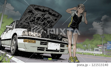 ドライブ中の車の故障・事故・トラブルで困っている女性（悪天候編）