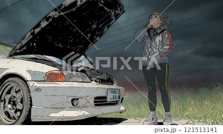 ドライブ中の車の故障・事故・トラブルで困っている女性（悪天候編）