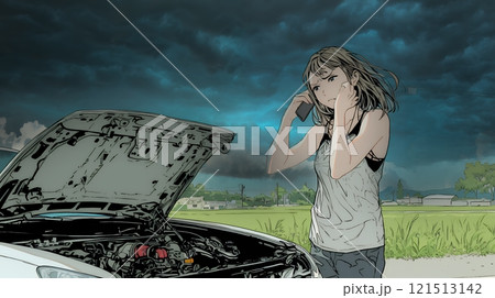 ドライブ中の車の故障・事故・トラブルで困っている女性（悪天候編）