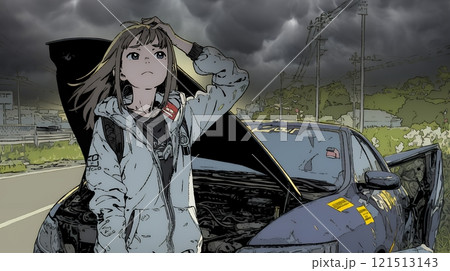 ドライブ中の車の故障・事故・トラブルで困っている女性（悪天候編）