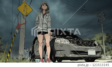 ドライブ中の車の故障・事故・トラブルで困っている女性（悪天候編）