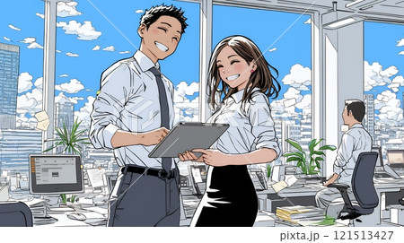オフィスで立ったまま簡単な打合せをしているビジネスパーソン