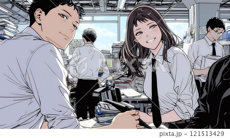 オフィスで立ったまま簡単な打合せをしているビジネスパーソン
