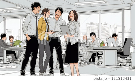 オフィスで立ったまま簡単な打合せをしているビジネスパーソン