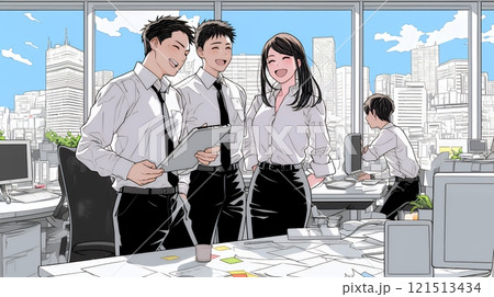 オフィスで立ったまま簡単な打合せをしているビジネスパーソン