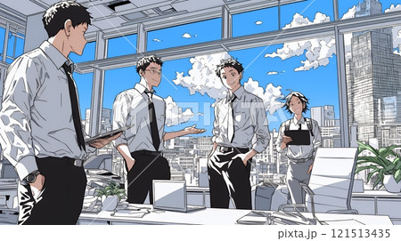 オフィスで立ったまま簡単な打合せをしているビジネスパーソン