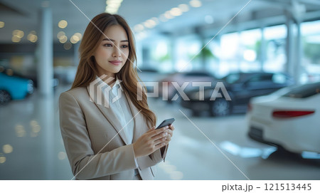 Asian saleswoman dressed in beautiful suit is using smartphone at car showroom. Professional salesperson working in modern car dealership. Asian saleswoman dressed in beautiful suit is using smartphone at car showroom. Professional salesperson working in modern car dealership. 121513445