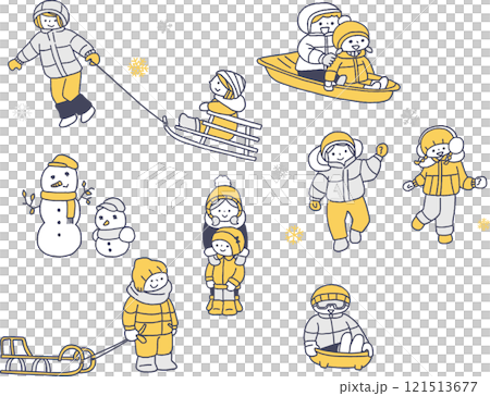 兒童在雪地玩耍的插圖集單色 121513677