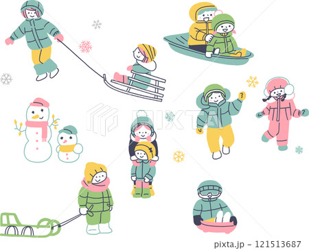 雪遊びをする子供たちのイラストセット 121513687