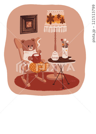 くまとロッキンチェアのレトロモダンな部屋のイラスト　はがきテンプレート　縦　 121513799