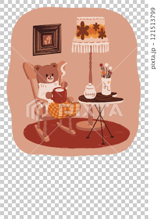 くまとロッキンチェアのレトロモダンな部屋のイラスト　はがきテンプレート　縦　 121513799