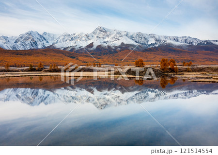 Scenic mountain range reflected on calm lake with autumnal forest around 121514554
