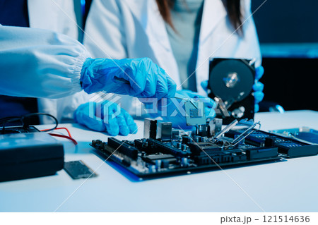 The technician is putting the CPU on the socket of the computer motherboard. electronic engineering electronic 121514636