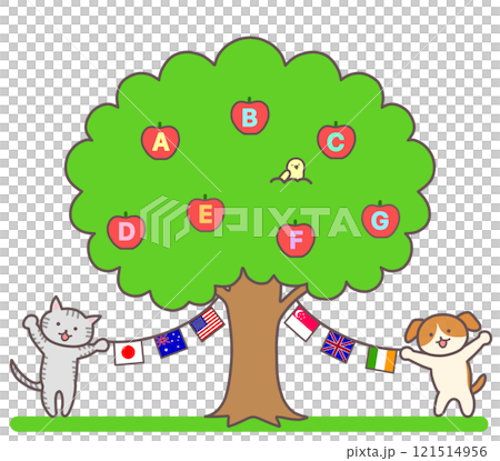 Apple tree with alphabet, dog and cat (with Japanese flag) 121514956
