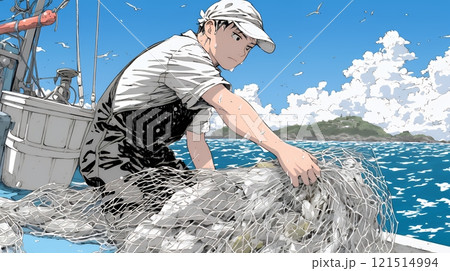 網で魚を捕っている漁師
