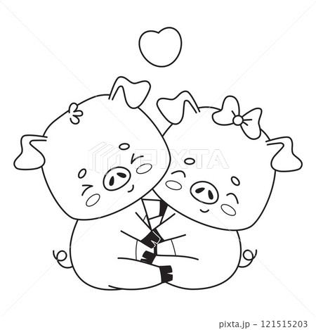 Couple pigs in love. Two hugging piglets, boy and girl. Cute outline animal cartoon character. Line drawing, coloring book. Vector illustration. 121515203