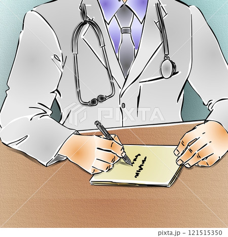 A professional in a white coat is writing on a notepad, with a stethoscope draped around the neck.  121515350