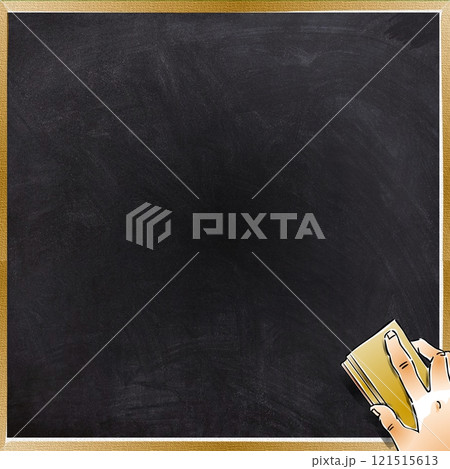 A hand is wiping a blackboard, removing any remaining chalk marks. The board has a wooden frame and is mostly clean. 121515613