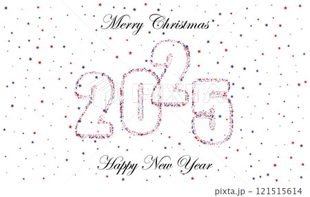 New Year and Christmas card strewn with blue and red stars, New Year design 121515614