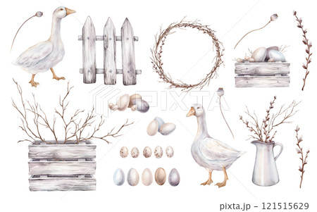 Easter set of quail and chicken eggs and wooden boards and box. Watercolor hand drawn illustration geese and poppy seed boxes. Frame with springtime tree branch without leaves and of willow in jug 121515629