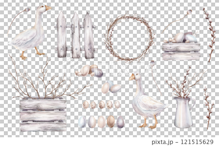 Easter set of quail and chicken eggs and wooden boards and box. Watercolor hand drawn illustration geese and poppy seed boxes. Frame with springtime tree branch without leaves and of willow in jug Easter set of quail and chicken eggs and wooden boards and box. Watercolor hand drawn illustration geese and poppy seed boxes. Frame with springtime tree branch without leaves and of willow in jug 121515629