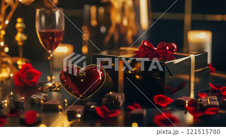 赤いハートチョコとシャンパングラスのバレンタインイメージ 121515780