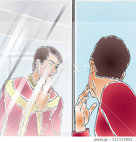 A person is looking into a mirror, contemplating their reflection. They are wearing a vibrant, patterned outfit and seem focused on their appearance. 121515901