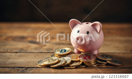 a pink piggy bank on gold coins 121516087
