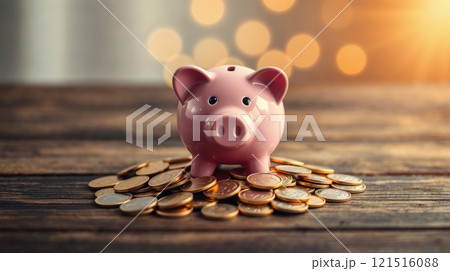 a pink piggy bank on gold coins 121516088