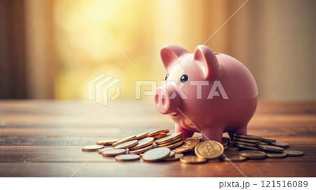 a pink piggy bank on gold coins 121516089