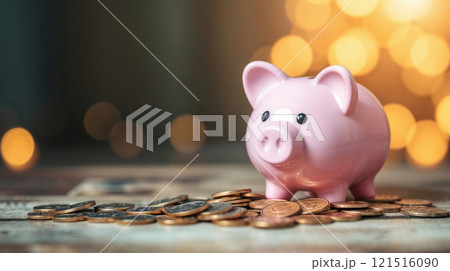 a pink piggy bank on gold coins 121516090
