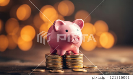 a pink piggy bank on gold coins 121516091