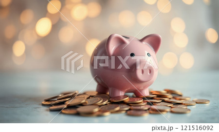 a pink piggy bank on gold coins 121516092