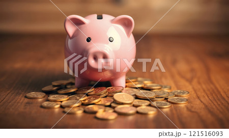 a pink piggy bank on gold coins 121516093