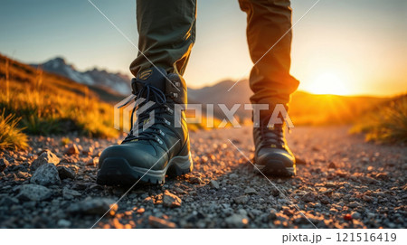 close-up of hiking boots on a trail at sunset 121516419